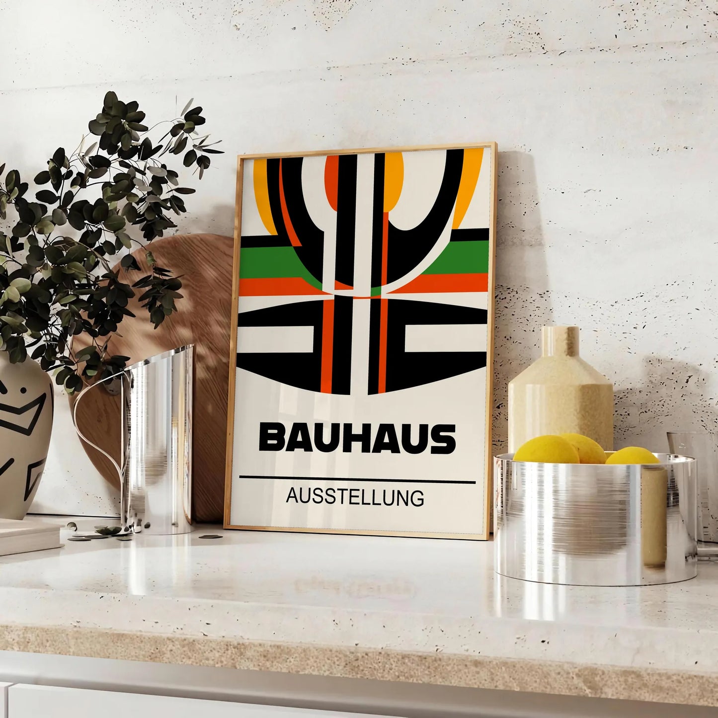 space Bauhaus art print minimalist white bold red hues striking poster iconic style perfect wall unique gift home office stunning piece available frames
