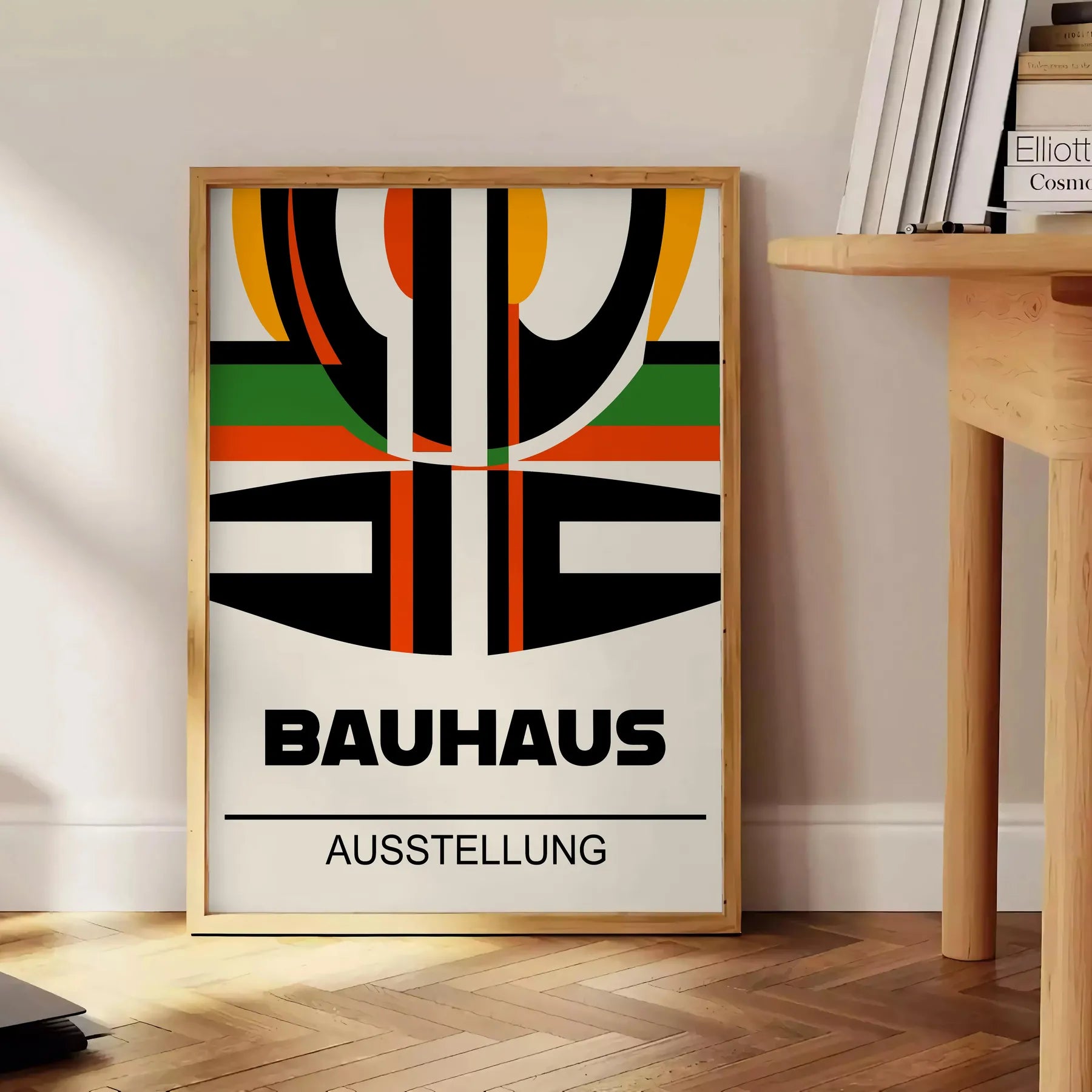space Bauhaus art print minimalist white bold red hues striking poster iconic style perfect wall unique gift home office stunning piece available frames