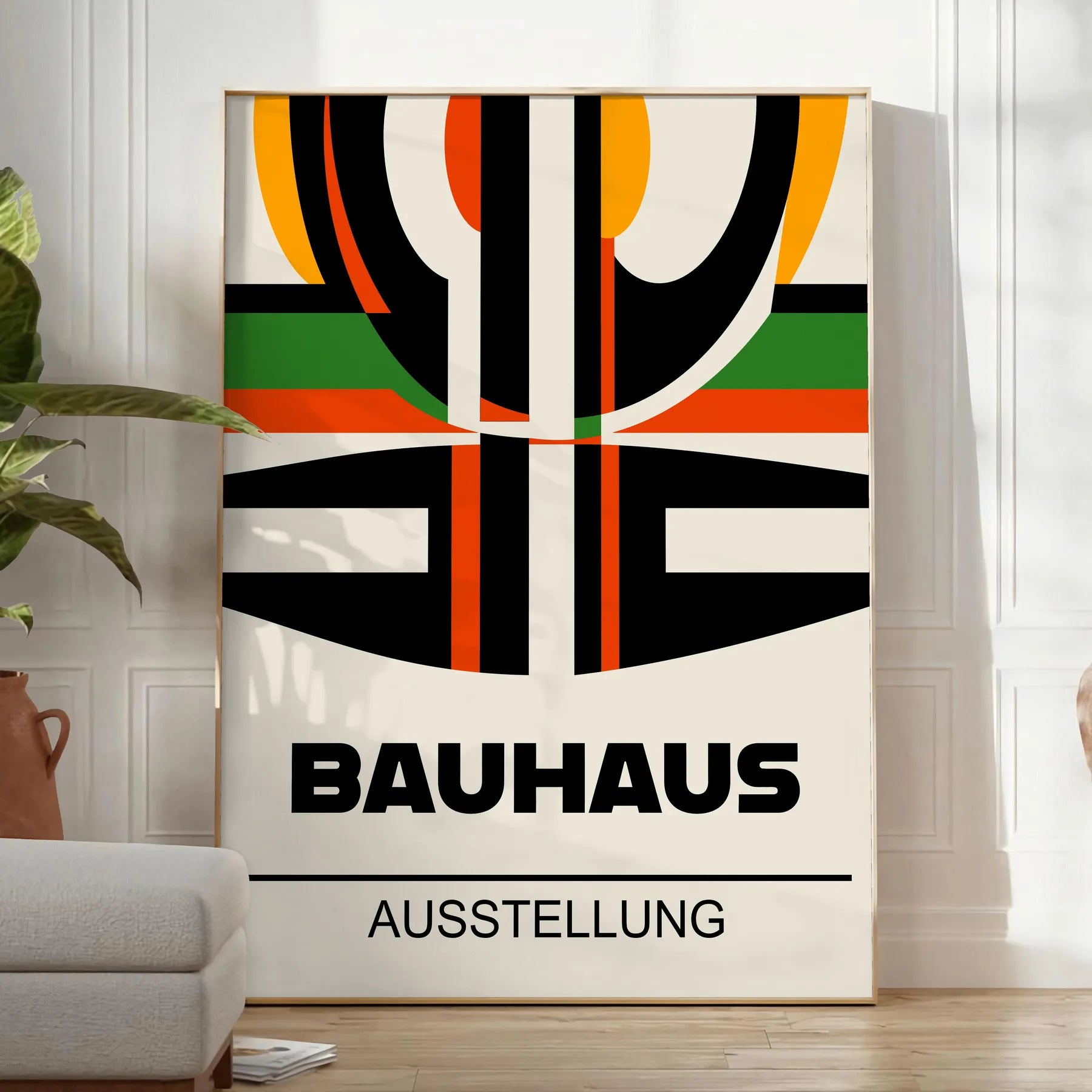 space Bauhaus art print minimalist white bold red hues striking poster iconic style perfect wall unique gift home office stunning piece available frames